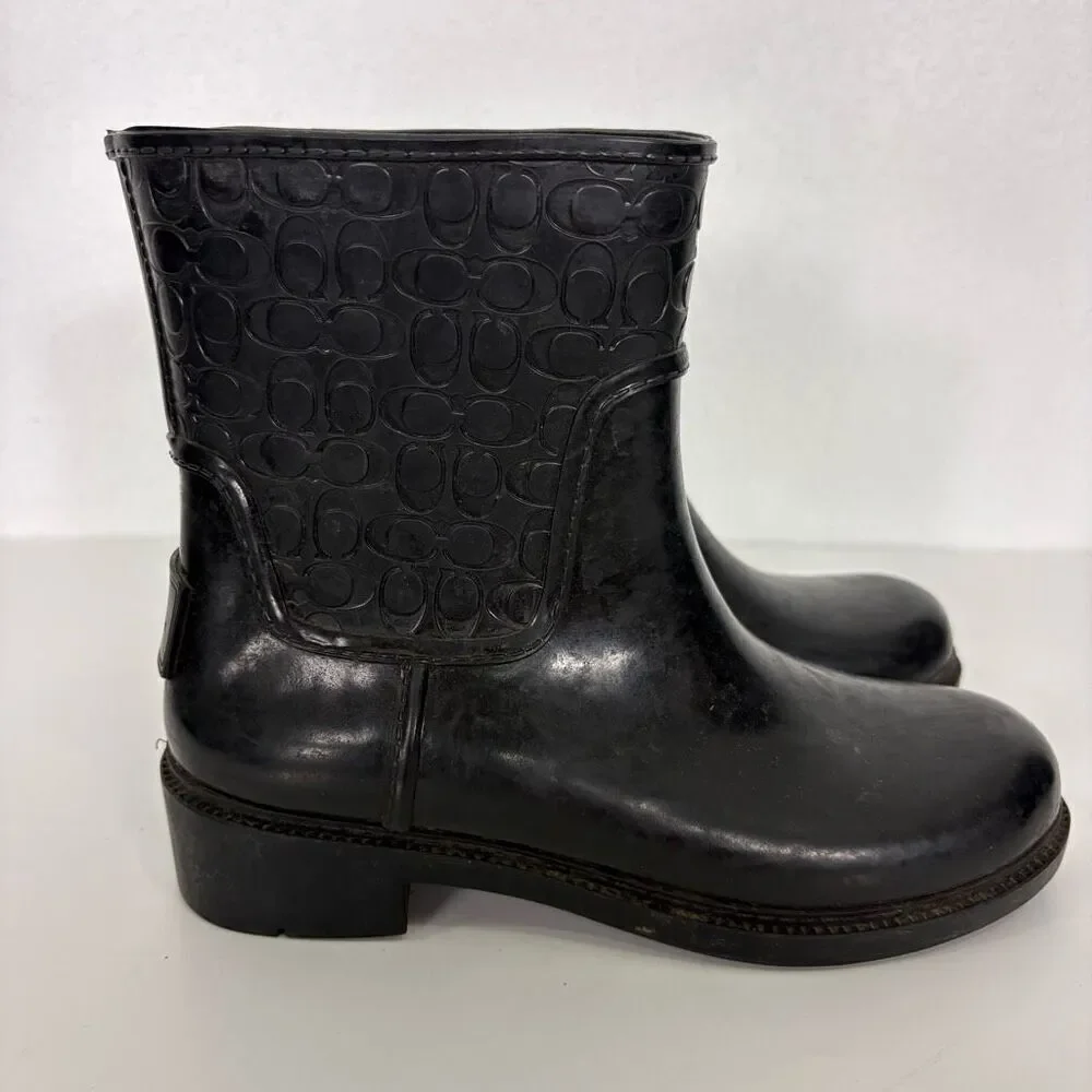 Coach Black Monogram Mid Calf Pull On Rain Boots Women's‎ Size 5